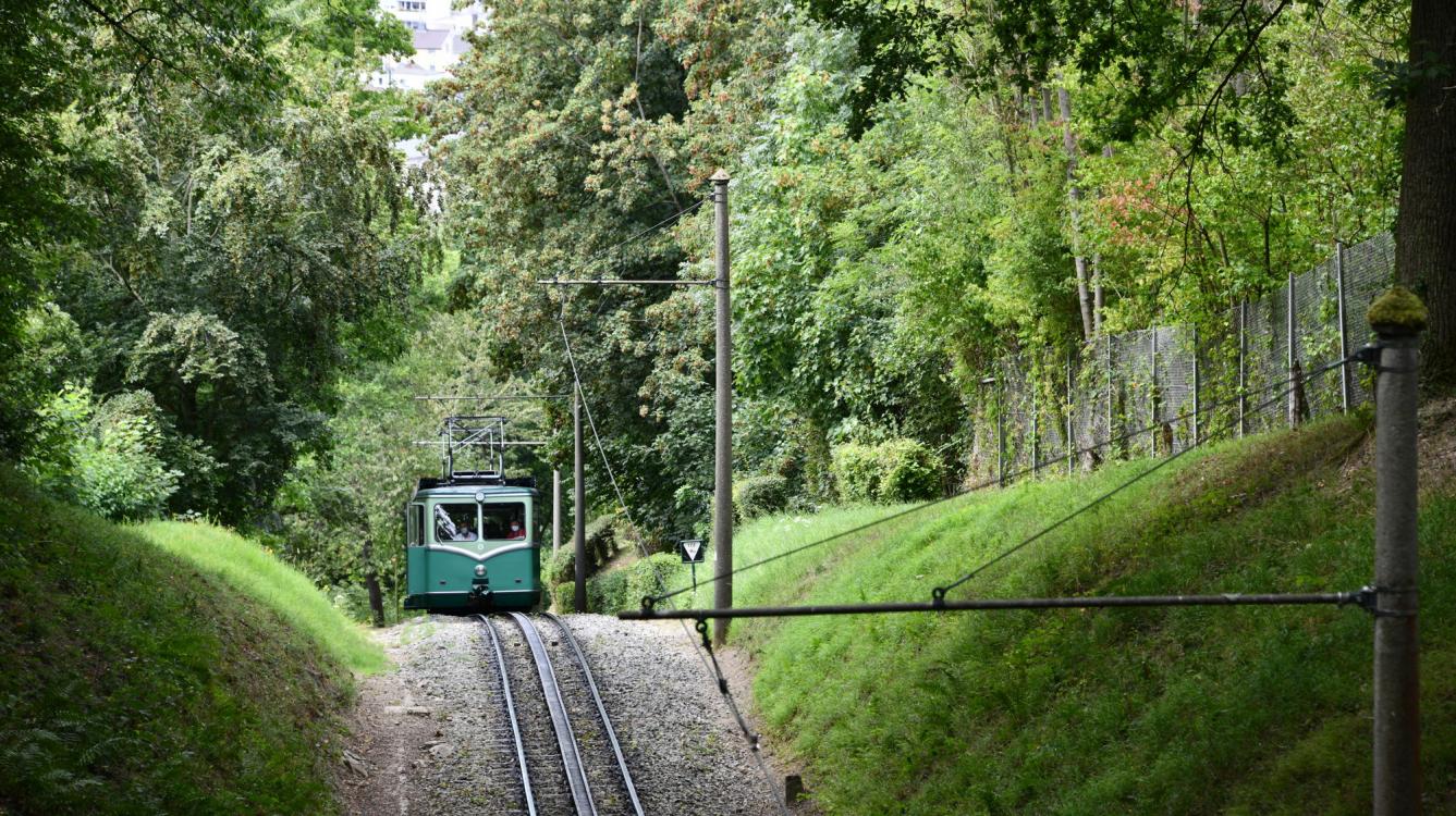 Depuis le pont précèdent la gare de croisement de Schloss Drachenburg arrivée des rames 2 et 3 en rampe 