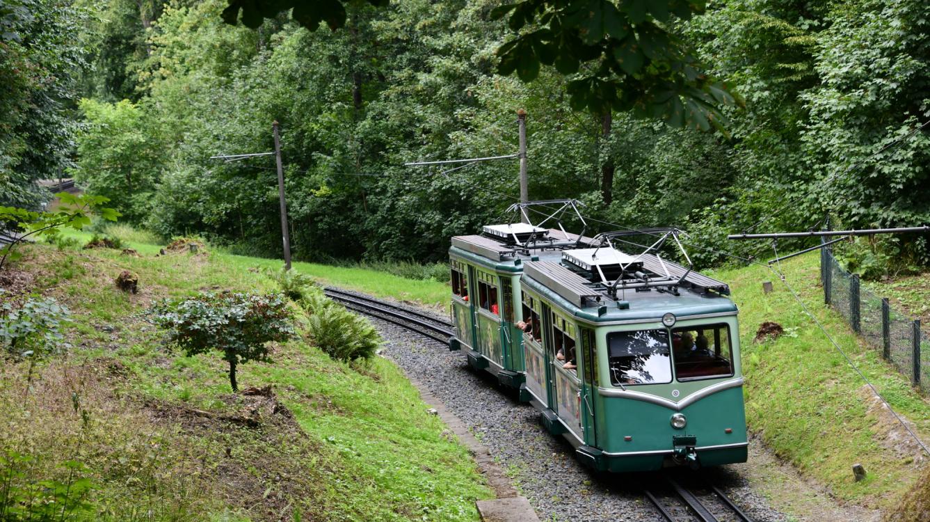 Les rames 5 et 4 approchent du terminus de Drachenfels situé a 289 mètres d’altitude