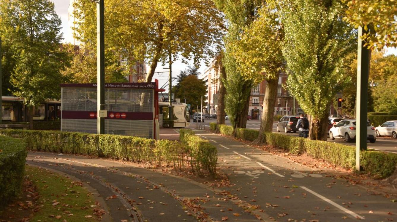 Une rame se dirige vers Tourcoing : au premier plan la boucle de retournement et derrière le tram, le boulevard qui etait parcouru par la ligne vers Marcq (avec des motices 200 de l'ELRT)