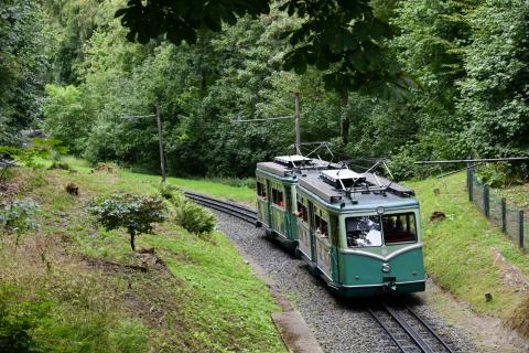 Les rames 5 et 4 approchent du terminus de Drachenfels situé a 289 mètres d’altitude