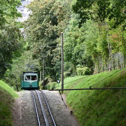 Depuis le pont précèdent la gare de croisement de Schloss Drachenburg arrivée des rames 2 et 3 en rampe 